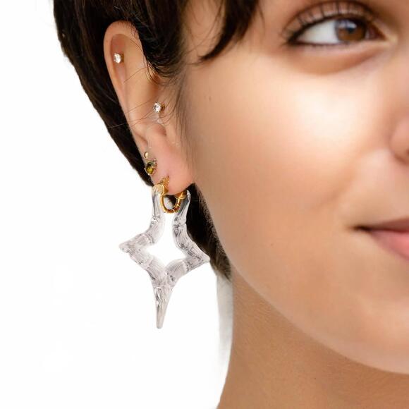 Mini Clear Lucite Bamboo Hoop Earrings NEW GOLD & HONEY women\'s star bamboo lucite hoop earrings in clear